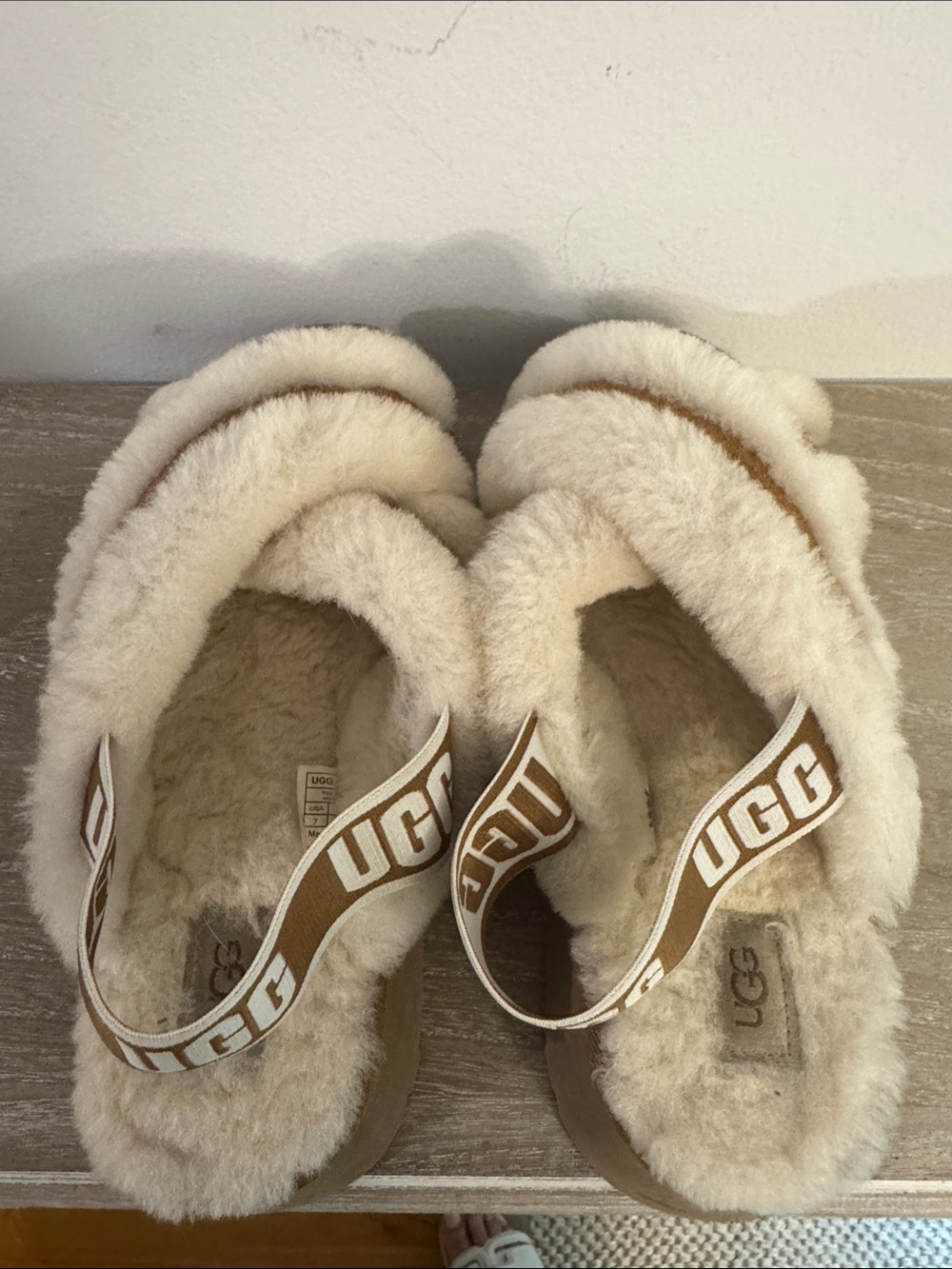 UGG Chestnut and Cream Fluff Flip Flop Slippers with Logo Strap - Picture 5 of 12